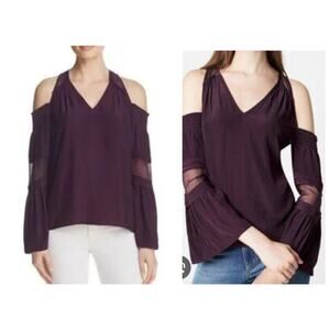 Ramy Brook New York Cold Shoulder 100% Silk Purple Blouse Long Sleeves
